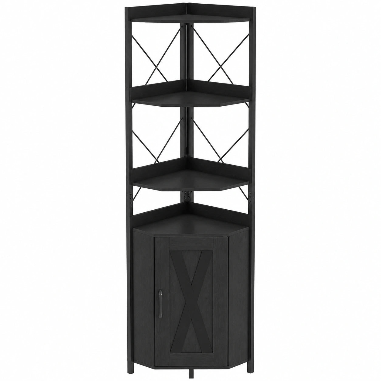 COSTWAY 6-stufiges Eckregal mit Schrank und Metalltüren, freistehendes Bücherregal für Wohnzimmer, Schlafzimmer und Küche, 180 cm hoch, Schwarz