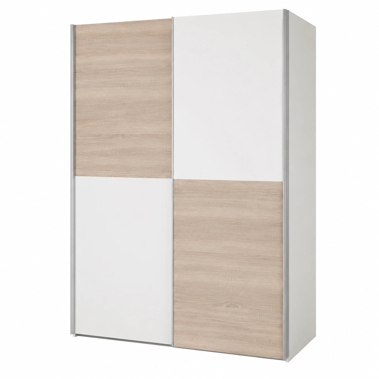 Moderner Kleiderschrank mit Schiebetüren, Weiß und Eiche Sonoma, 170 x 195 x 58 cm
