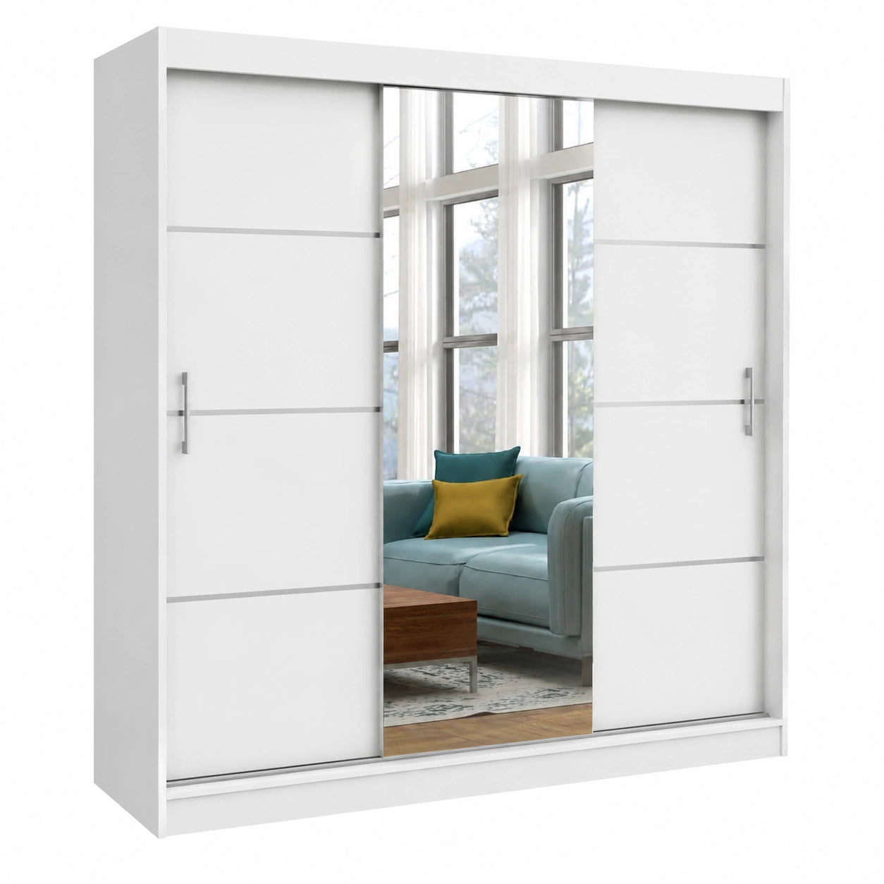 Moderner Kleiderschrank mit Spiegel, 240 cm, Weiß, inklusive Kleiderstangen und Fachböden