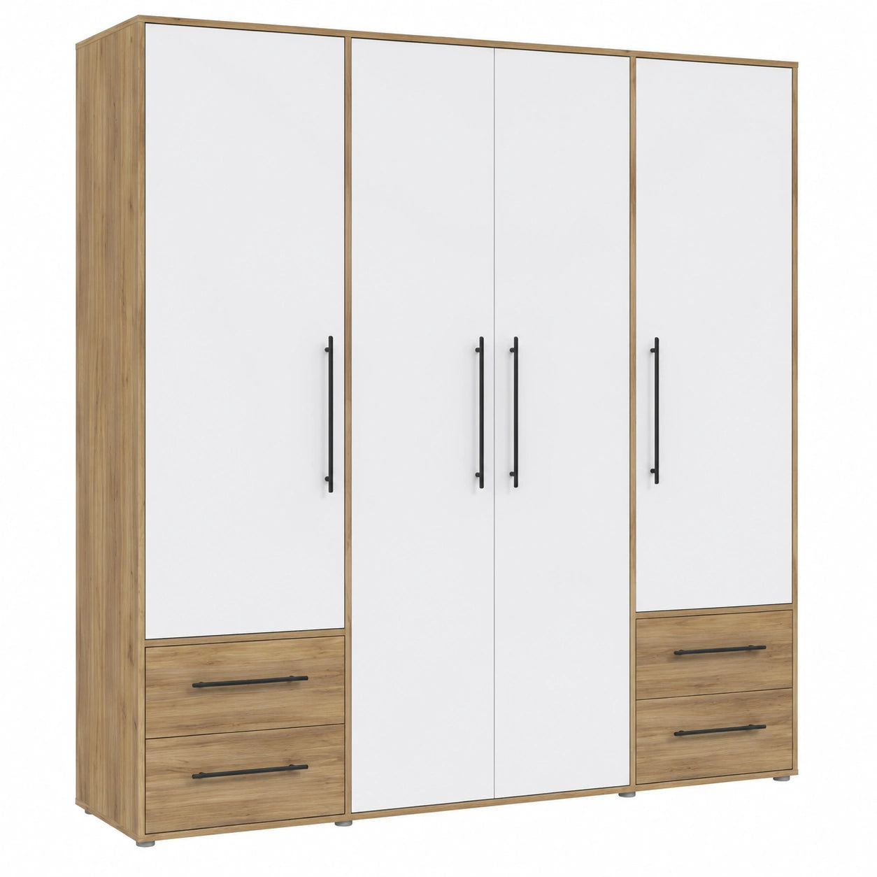 Moderner Kleiderschrank Jupiter mit Holzoptik, 4-türig, 4 Schubladen, Weiß/Mauvella Eiche, 206x59x200 cm