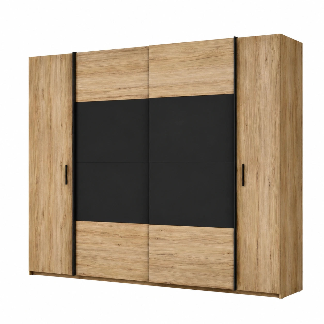 FORTE DALATE Großer Schwebetürenschrank 270 cm, industrielles Design, Eiche Catania/Schwarz