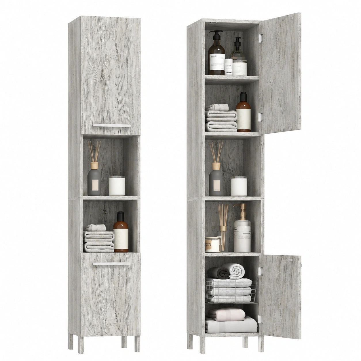 Kleankin Moderner Bad-Hochschrank mit Türen, Stauraumregal mit offenen Fächern und Kippsicherung, Grau, 30 x 32 x 172,5 cm