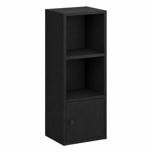 Schmales Bücherregal in Eichenoptik Schwarz mit Flexitür für Wohnzimmer, Büro und Balkon