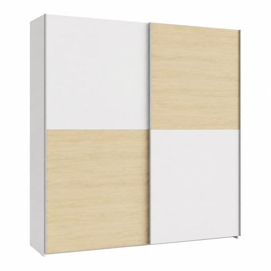 Moderner Schwebetürenschrank 200cm, Puccini Eiche Dekor, Weißer Akzent