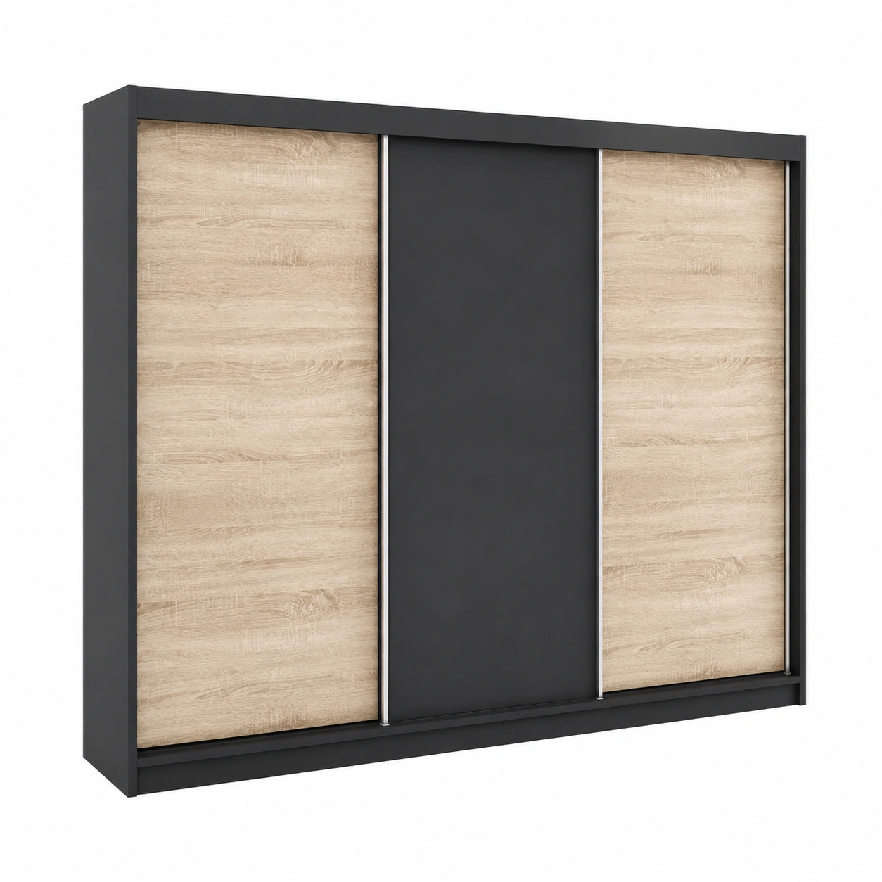 Moderner Schwebetürenschrank Mero 200 cm, dreitürig mit 4 Schubladen in Schwarz/Sonoma