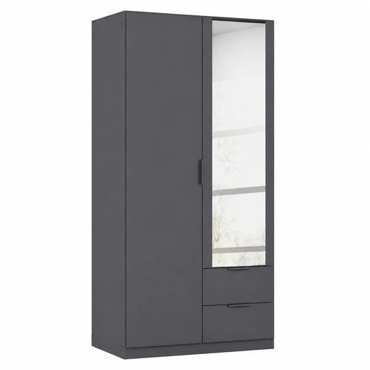 Rauch Möbel Lagoa 2-türiger Kleiderschrank mit Spiegel und Schubladen, für Schlafzimmer und Jugendzimmer, Grau metallic/Schwarz, 91 cm breit