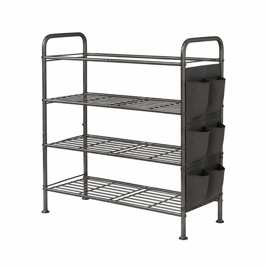 Metall Schuhregal mit 4 Ebenen und Seitentaschen für Flur und Schlafzimmer, Schwarz