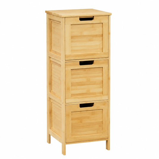 Schmaler Badezimmerschrank aus Bambus mit 3 Schubladen, Naturfarbe, 30x90x30 cm
