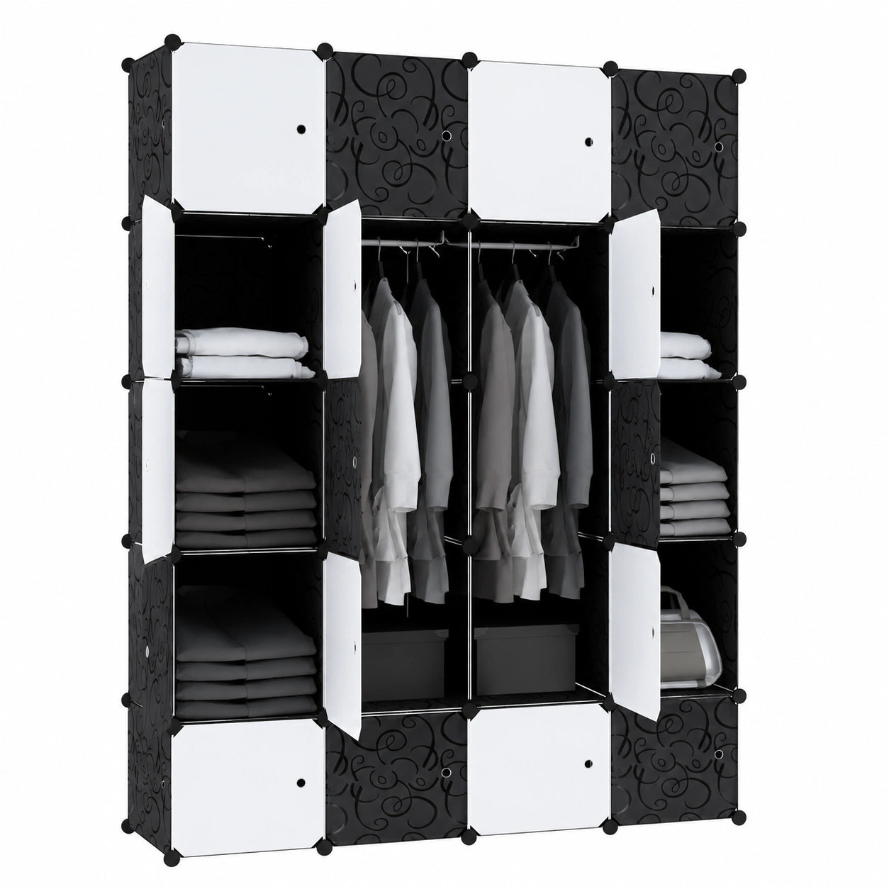 Modulares HENGMEI Aufbewahrungssystem mit Türen, schwarze DIY Kunststoff-Garderobe, 20 Fächer und 2 Kleiderstangen