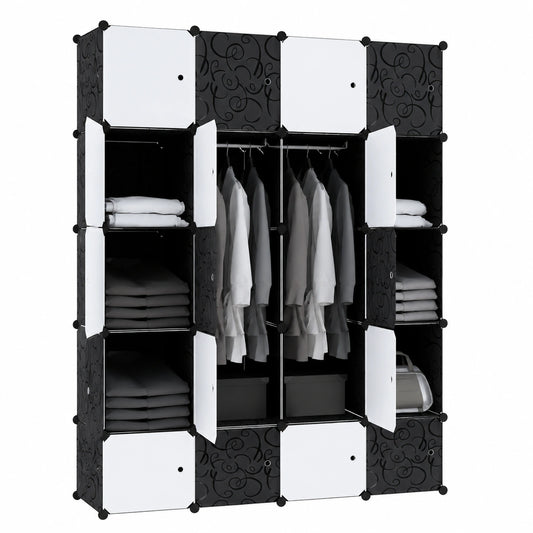 Modulares HENGMEI Aufbewahrungssystem mit Türen, schwarze DIY Kunststoff-Garderobe, 20 Fächer und 2 Kleiderstangen