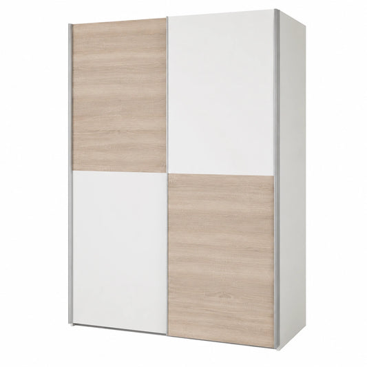 Moderner Kleiderschrank mit Schiebetüren, Weiß und Eiche Sonoma, 170 x 195 x 58 cm