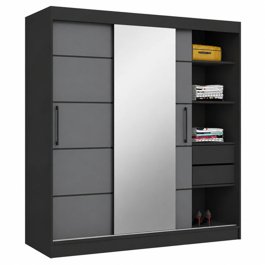 Moderner Schlafzimmerschrank mit Spiegel und Schubladen - 200 cm breit in Schwarz/Anthrazit