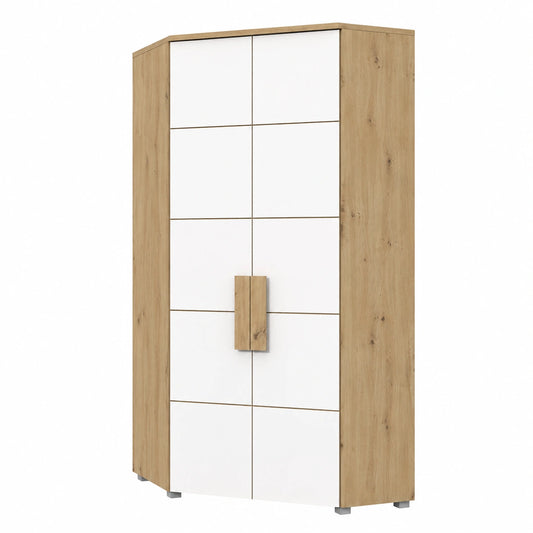 Skandinavischer Eckkleiderschrank FORTE ARKINA mit Drehtüren, Weiß und Eiche, 2-türig, 97x197x97 cm