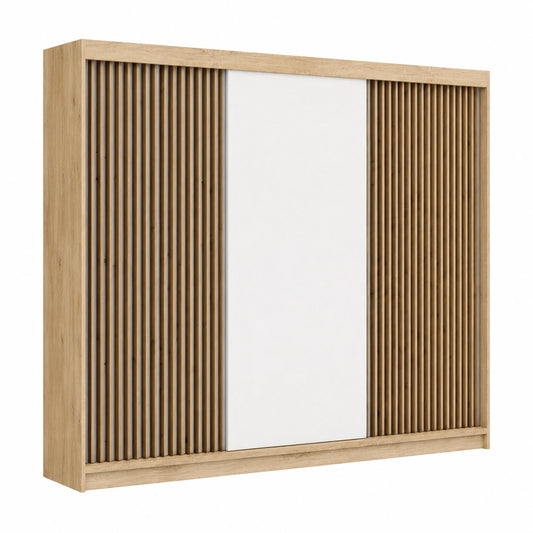 Moderner Kleiderschrank mit Schwebetüren und Schubladen, 200 cm, Sonoma/Weiß