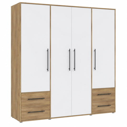 Moderner Kleiderschrank Jupiter mit Holzoptik, 4-türig, 4 Schubladen, Weiß/Mauvella Eiche, 206x59x200 cm