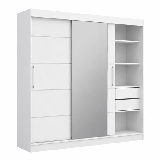 Moderner Kleiderschrank Chelsea mit Spiegel und Schubladen, 235cm Breit, Weiß
