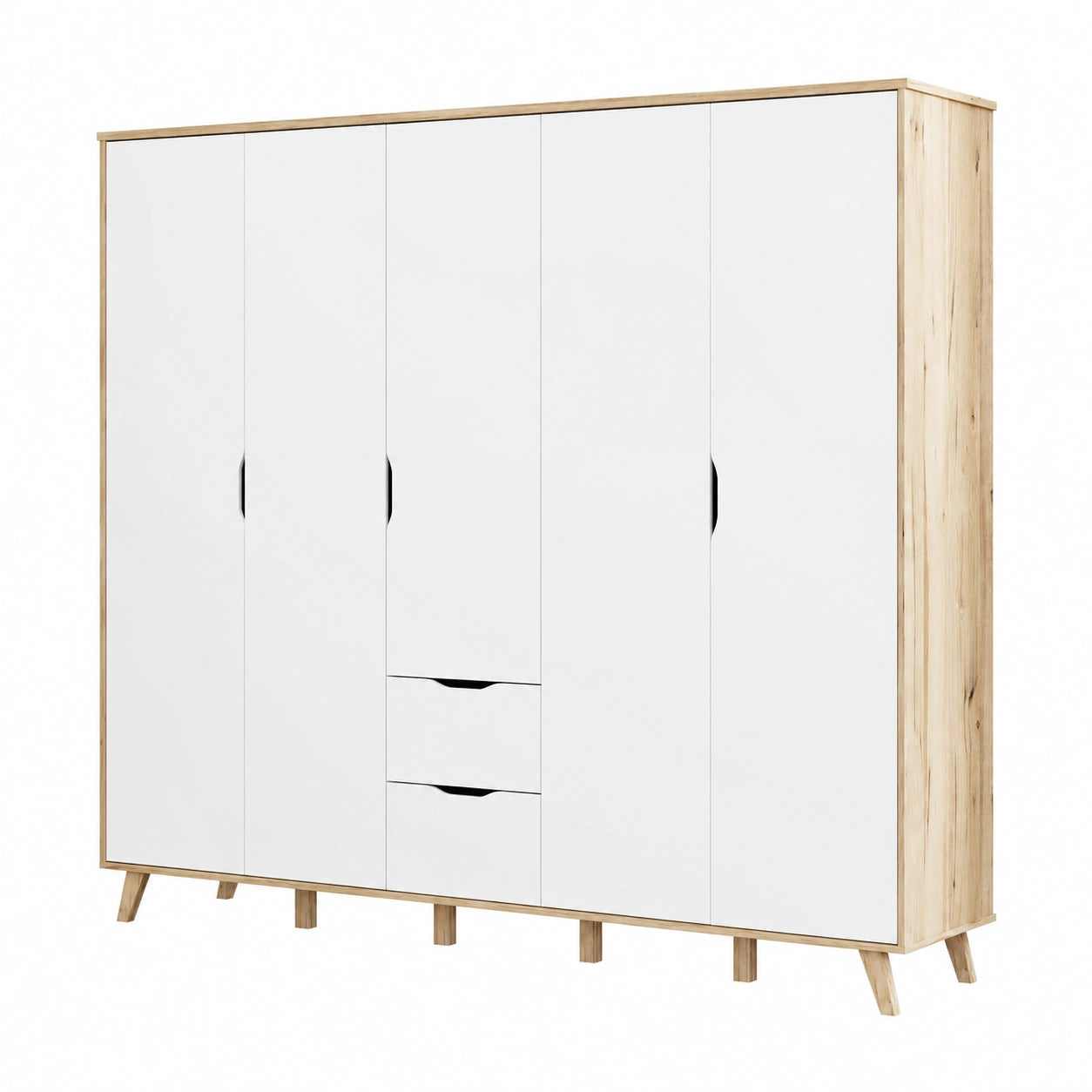 Skandi Kleiderschrank VANKKA in Eiche Optik mit 5 Türen und 2 Schubladen, Weiß, 230 cm Breite
