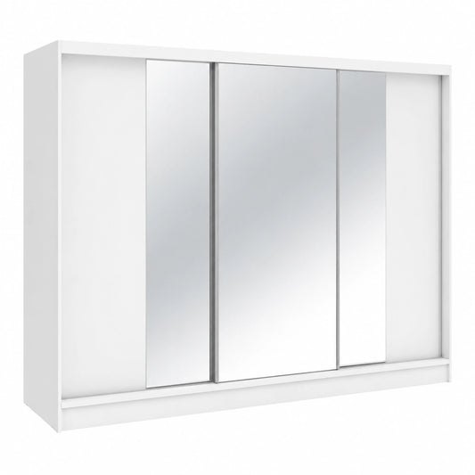 Großer Schwebetürenschrank VIDA mit Spiegel und Schubladen, 3-türig, 200 cm, Weiß