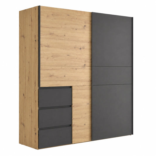 Moderner Schwebetürenschrank 200 cm mit Schubladen in Artisan Eiche und Schwarz