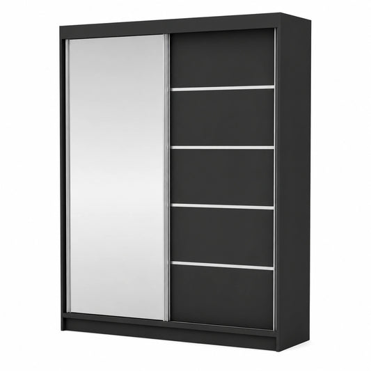 Moderner Schwebetürenschrank mit Spiegel, 2-türig, Schwarz, 160 cm