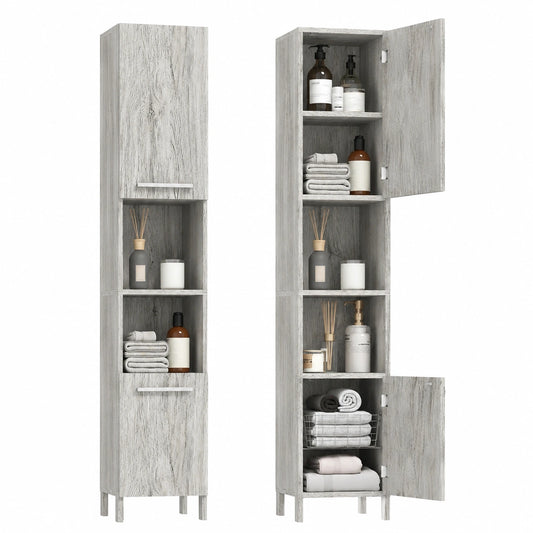 Kleankin Moderner Bad-Hochschrank mit Türen, Stauraumregal mit offenen Fächern und Kippsicherung, Grau, 30 x 32 x 172,5 cm