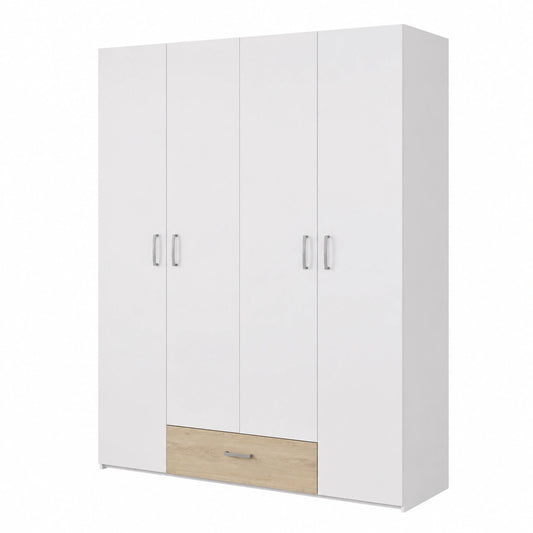 Forte ECONOBOX 4-türiger Kleiderschrank, Weiß/Eiche, großzügiger Stauraum, 160cm breit