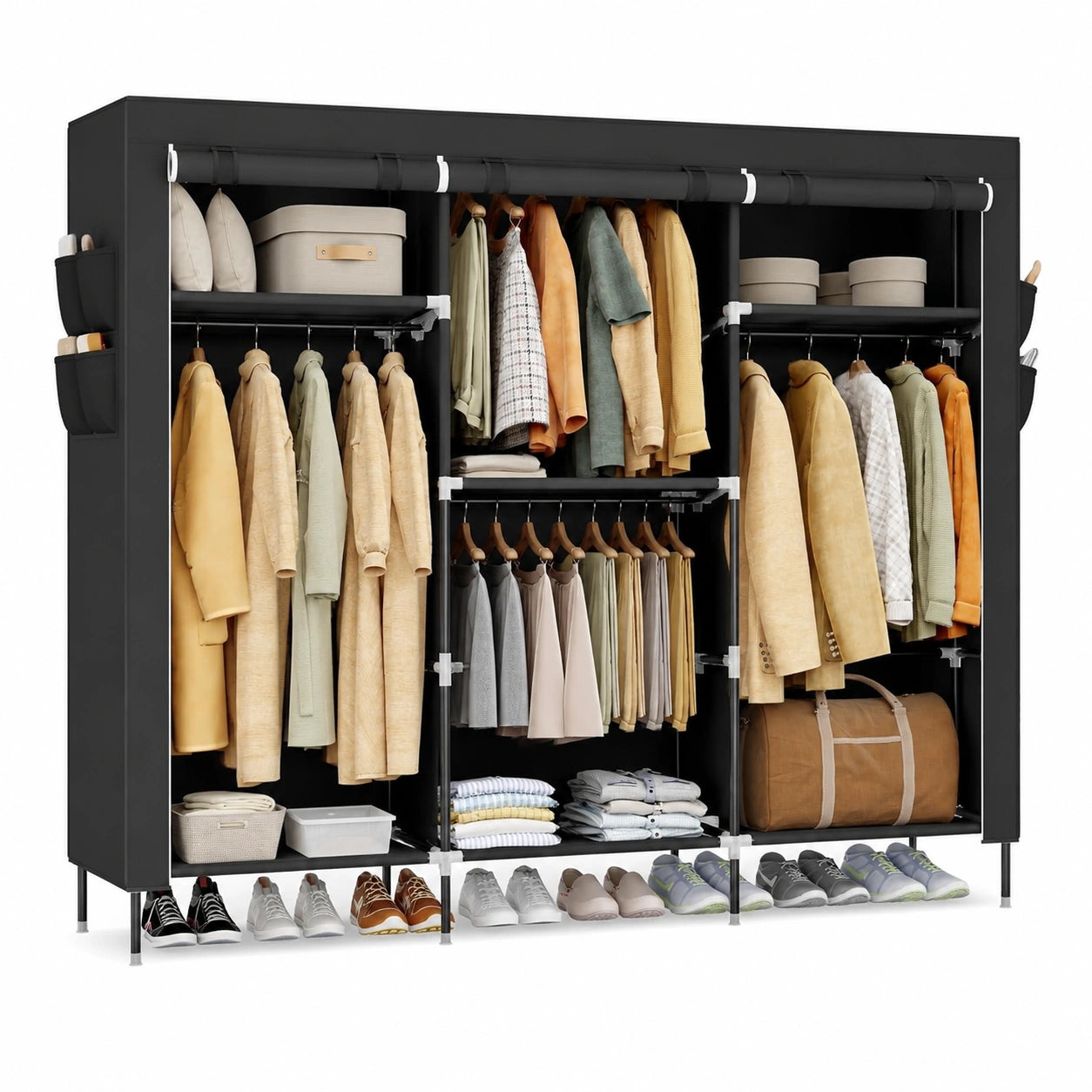 SONGMICS Großer Stoffkleiderschrank mit Kleiderstange und Seitentaschen, 4 Hängeregale, 45 x 189 x 180 cm, Schwarz für Schlafzimmer