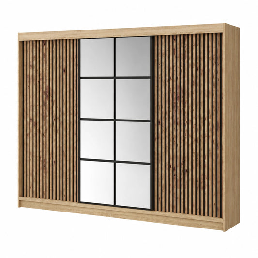 Schwebetürenschrank NORIVO 200 cm mit Spiegel und Holzlamellen von A&J MöbelLand